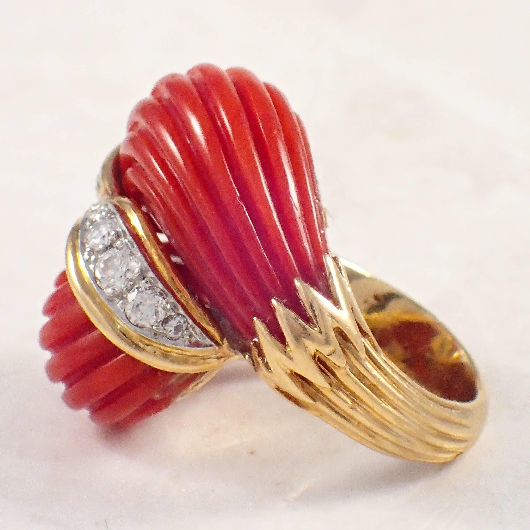 Modern Coral Diamond Gold Dome Ring 