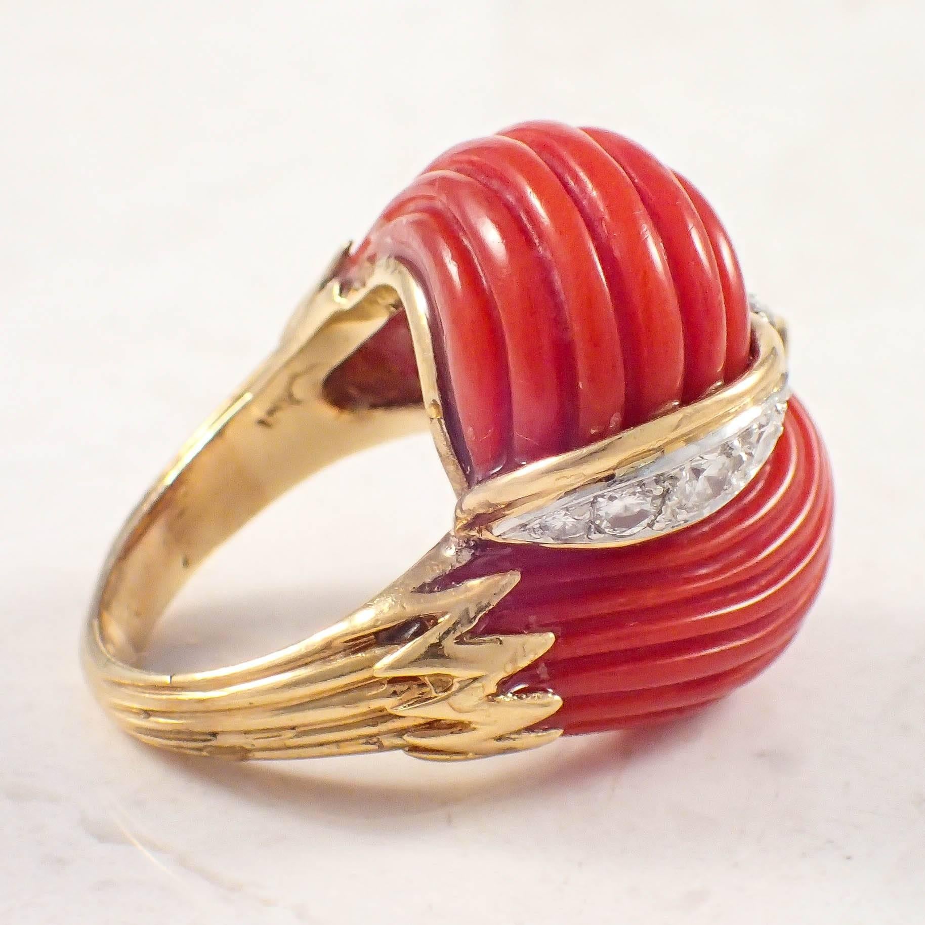 Women's or Men's Coral Diamond Gold Dome Ring 