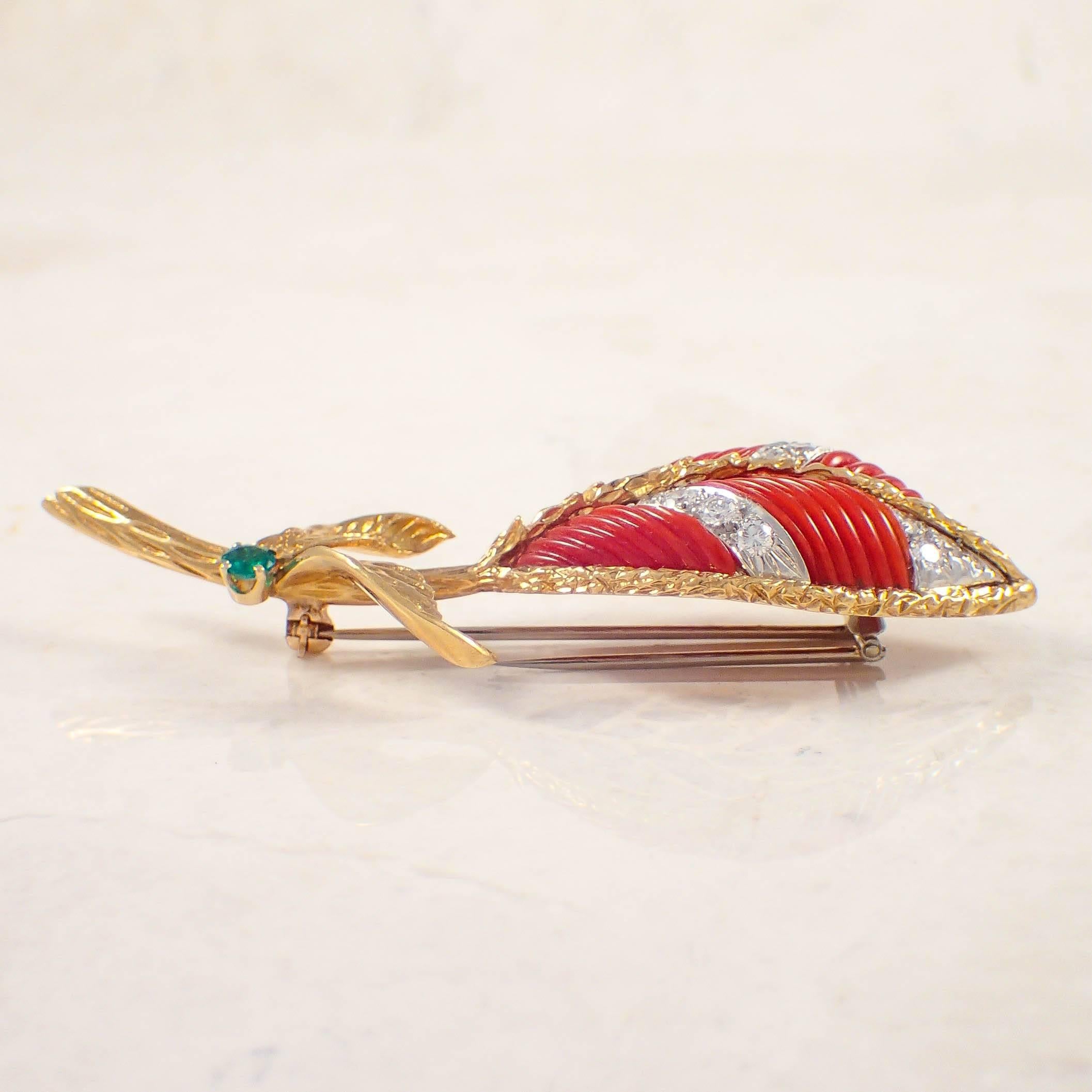 1960s Coral Emerald Diamond Gold Platinum Brooch In Good Condition In Portland, ME