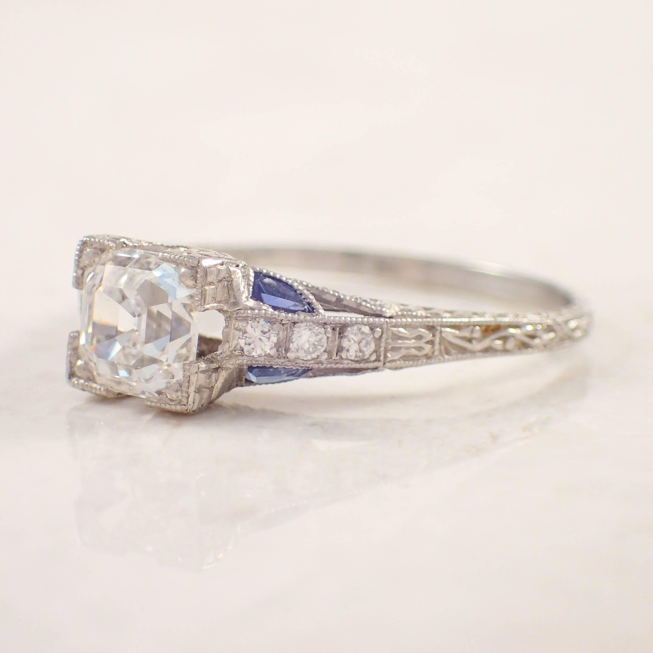 Art Deco Sapphire Diamond Platinum Engagement Ring  In Good Condition For Sale In Portland, ME