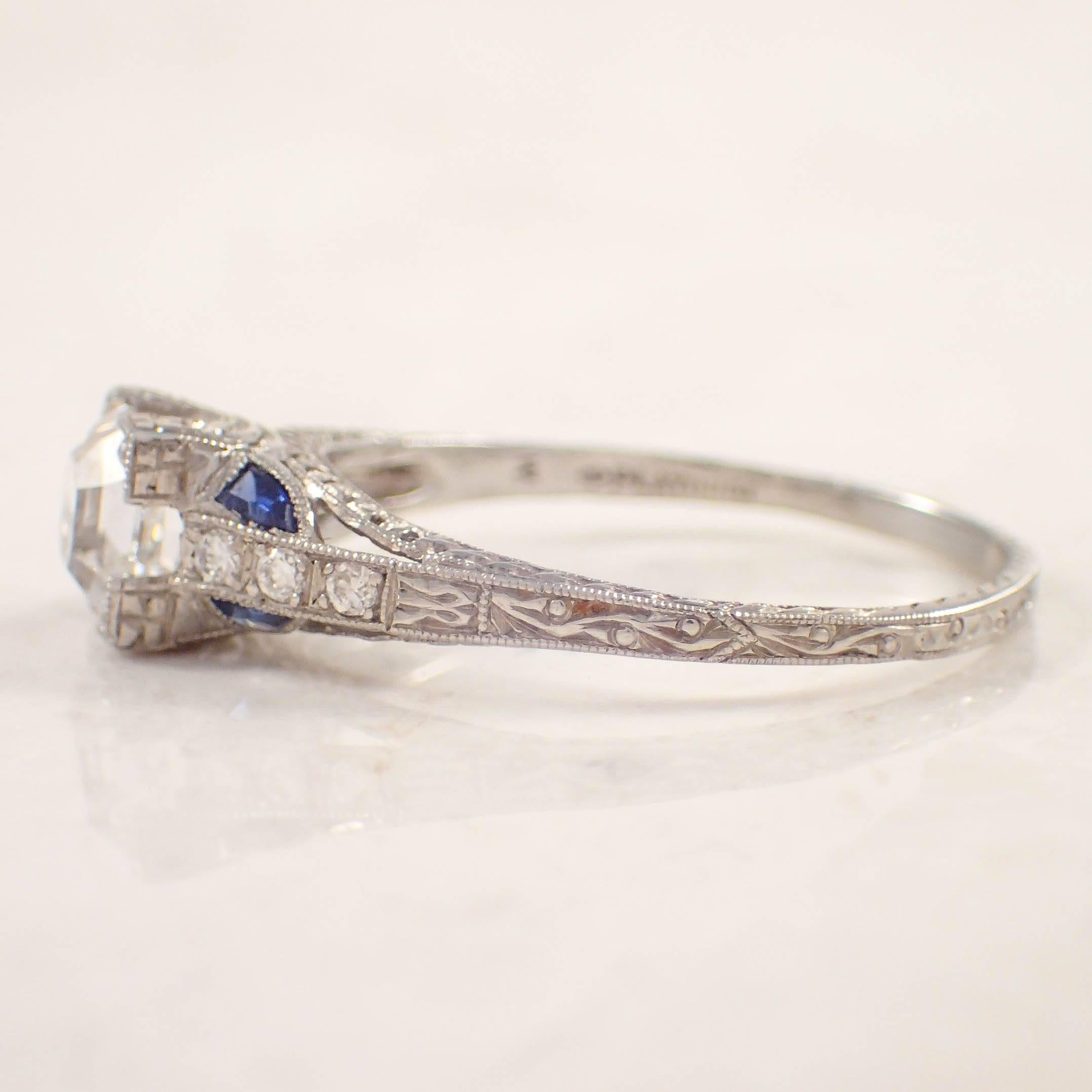 Women's Art Deco Sapphire Diamond Platinum Engagement Ring  For Sale