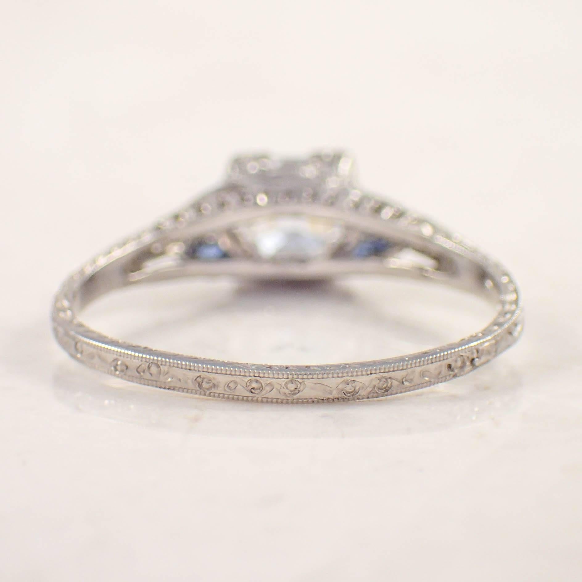 Art Deco Sapphire Diamond Platinum Engagement Ring  For Sale 1