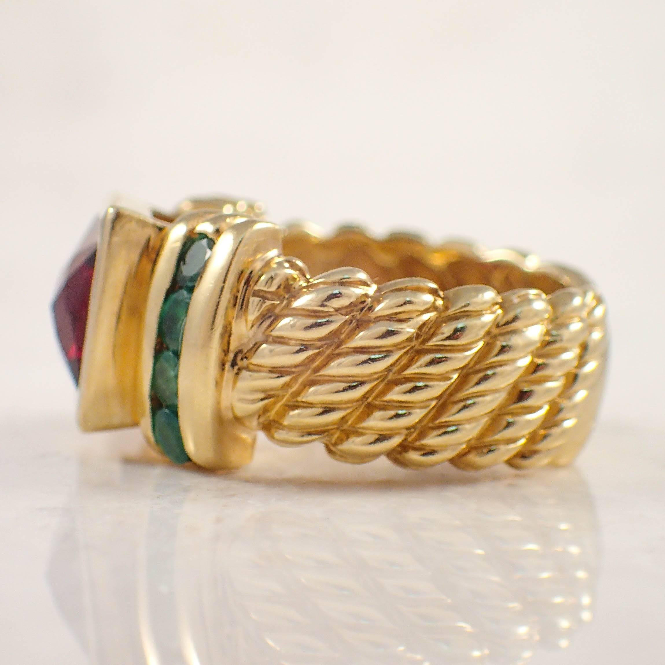Modern David Yurman Garnet Emerald Gold Ring  For Sale