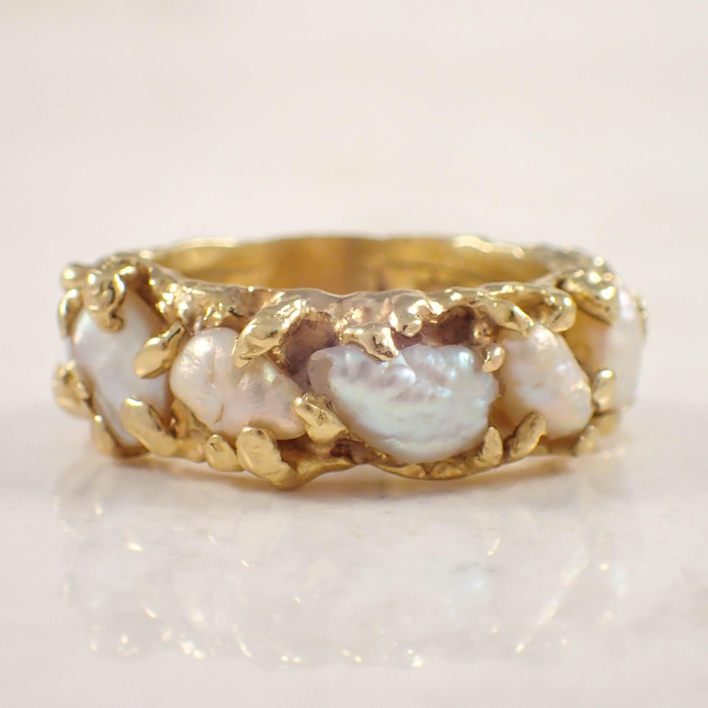 Barbara Anton Pearl Diamond Gold Engagement Ring In Good Condition In Portland, ME