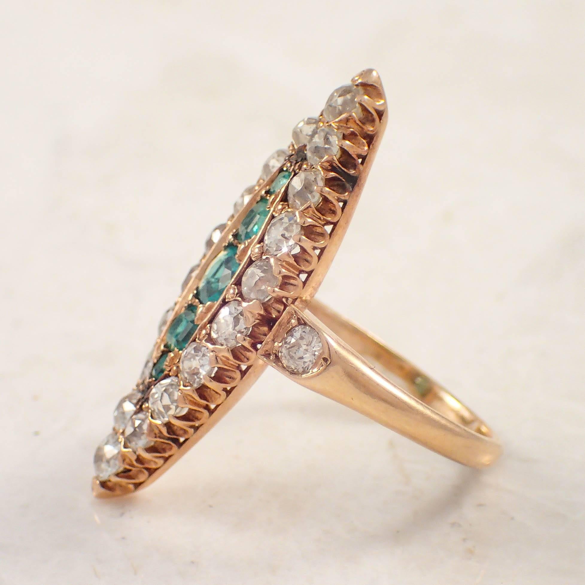 Victorian Emerald Diamond Gold Navette Ring In Good Condition For Sale In Portland, ME