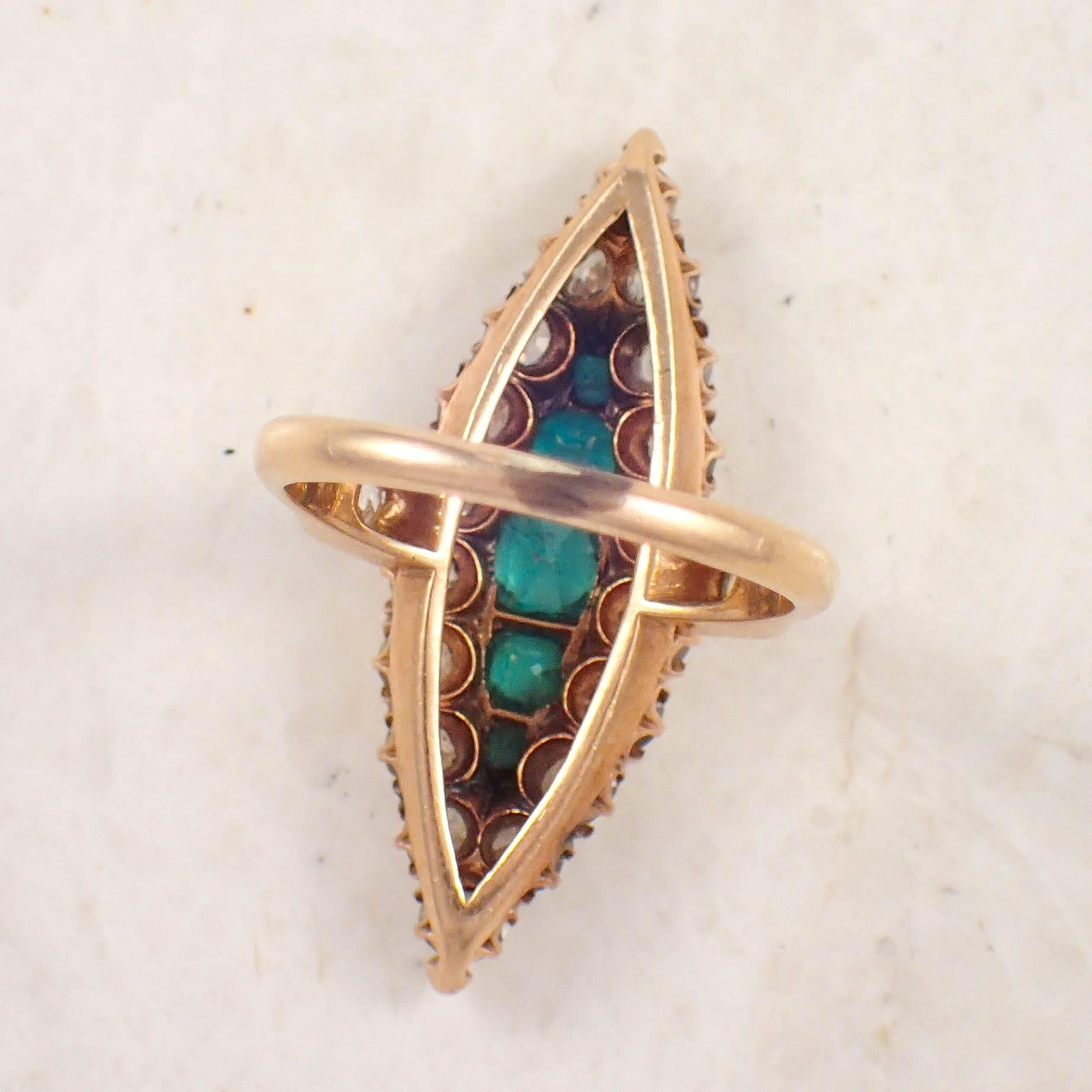 Women's or Men's Victorian Emerald Diamond Gold Navette Ring For Sale