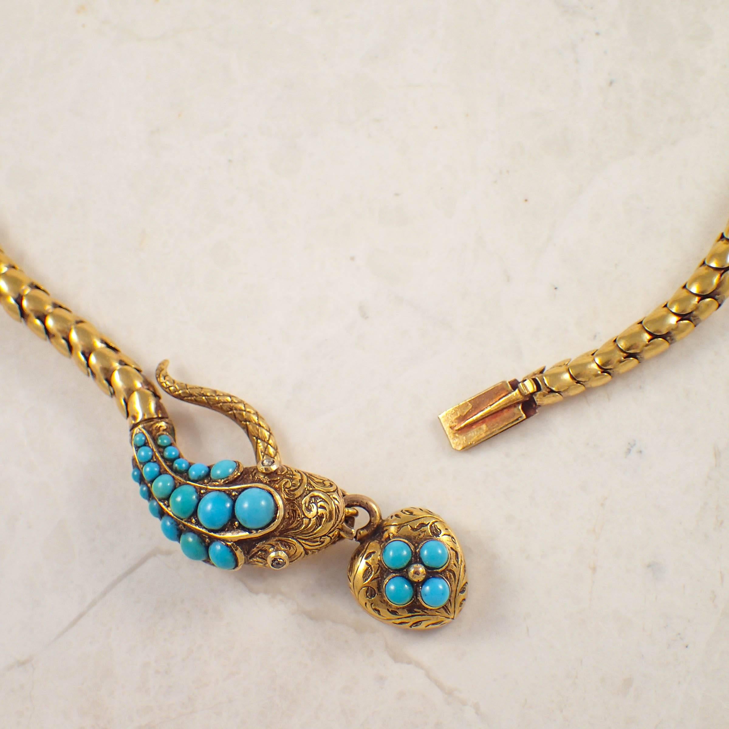Antique Victorian Turquoise Diamond Snake Gold Necklace  In Good Condition In Portland, ME