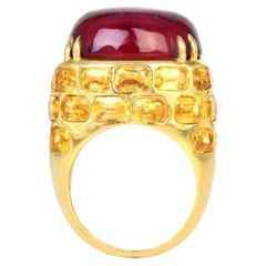 Impressive 43.00 Carat Rubelite Cabochon Cocktail Ring With Yellow Sapphires