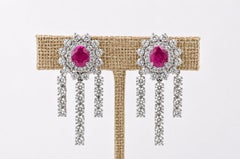 Estate Round Ruby Earrings with Three Rows of Brilliant Cascading Diamonds