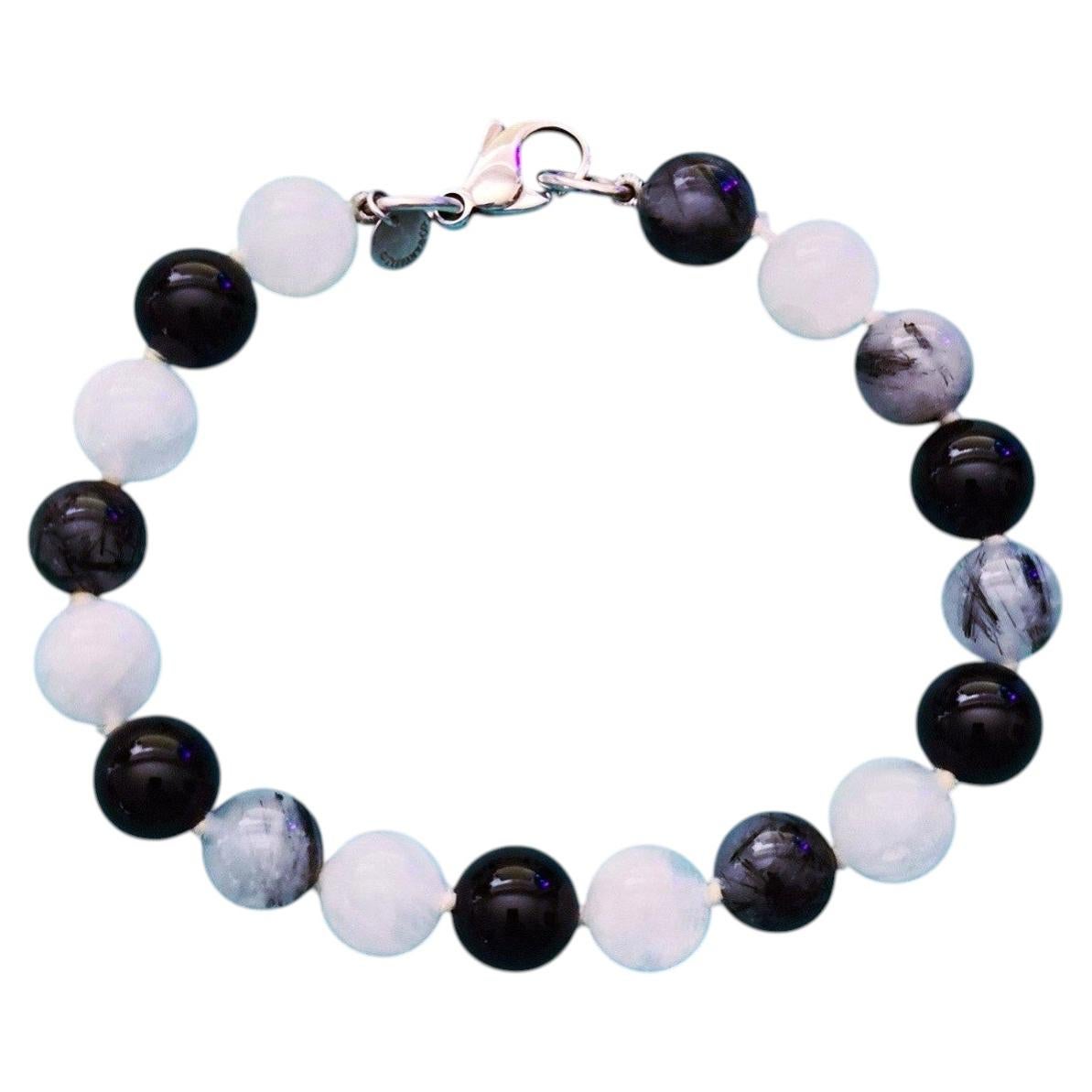 Tiffany & Co. Onyx Moonstone Tourmalinated Quartz Bead Bracelet Silver 8.75in For Sale