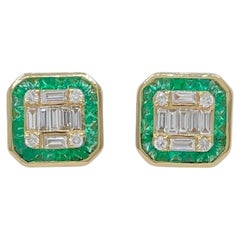 1.80 Carat Emerald and Diamond Cluster Earrings Baguette & Round 14K Yellow Gold