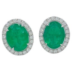 2.83 Carat Oval Emerald Diamond Halo Stud Earrings 18K White Gold