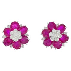 14.42 Carat Ruby Diamond Flower Cluster Earrings Oval Cut Rubies 18K White Gold