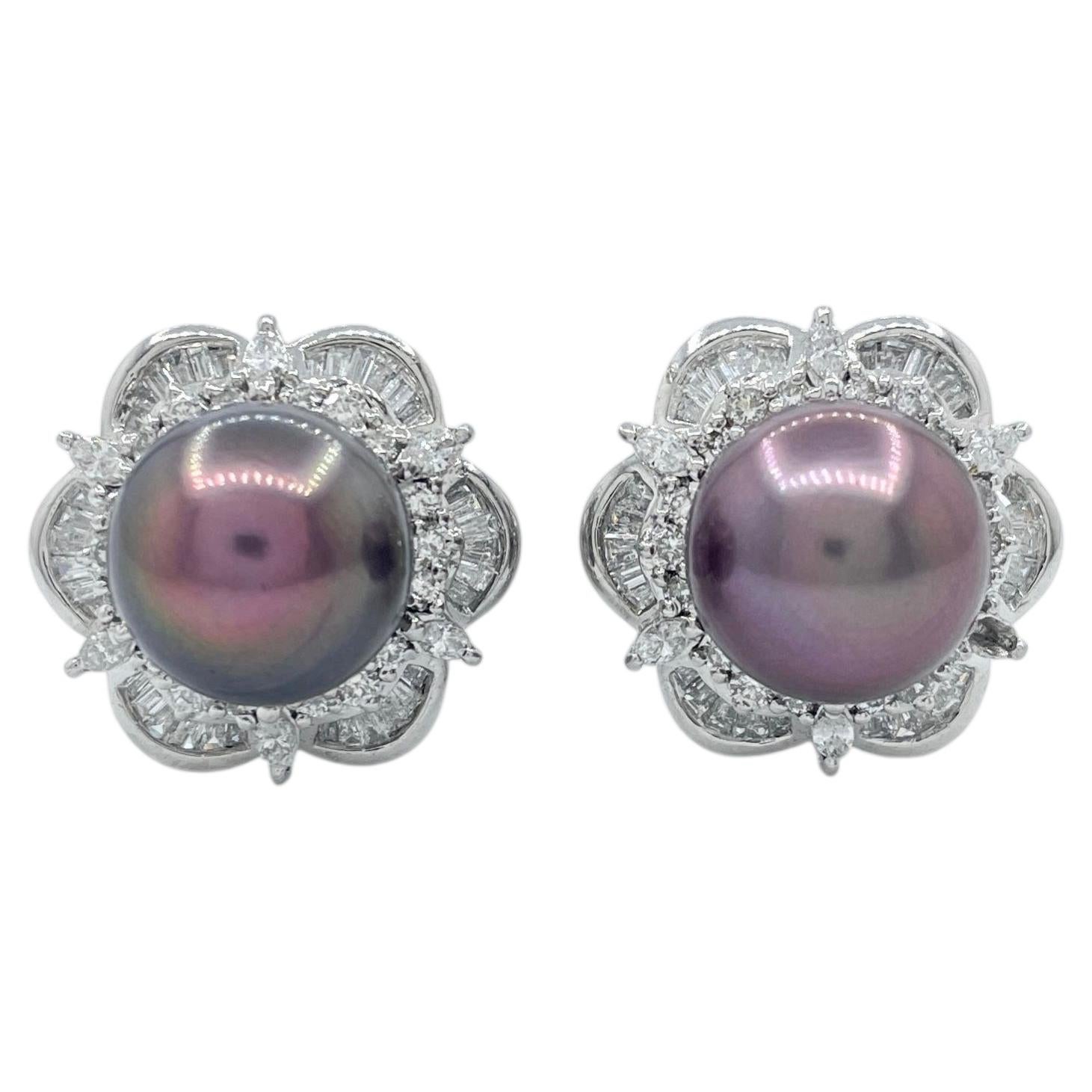 14.5mm Black Pearl Diamond Floral Cluster Earrings Platinum Baguette For Sale