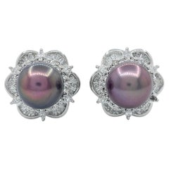 14.5mm Black Pearl Diamond Floral Cluster Earrings Platinum Baguette