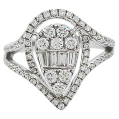 Diamond Halo Cocktail Ring with Tapered Baguette Accents 18K White Gold