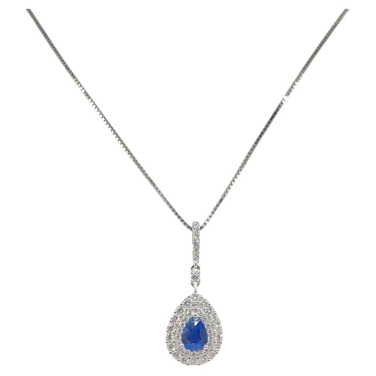 Pear 1.16 Carat Sapphire Diamond Halo Pendant 18K White Gold Estate Jewelry