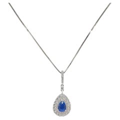 Pear 1.16 Carat Sapphire Diamond Halo Pendant 18K White Gold Estate Jewelry