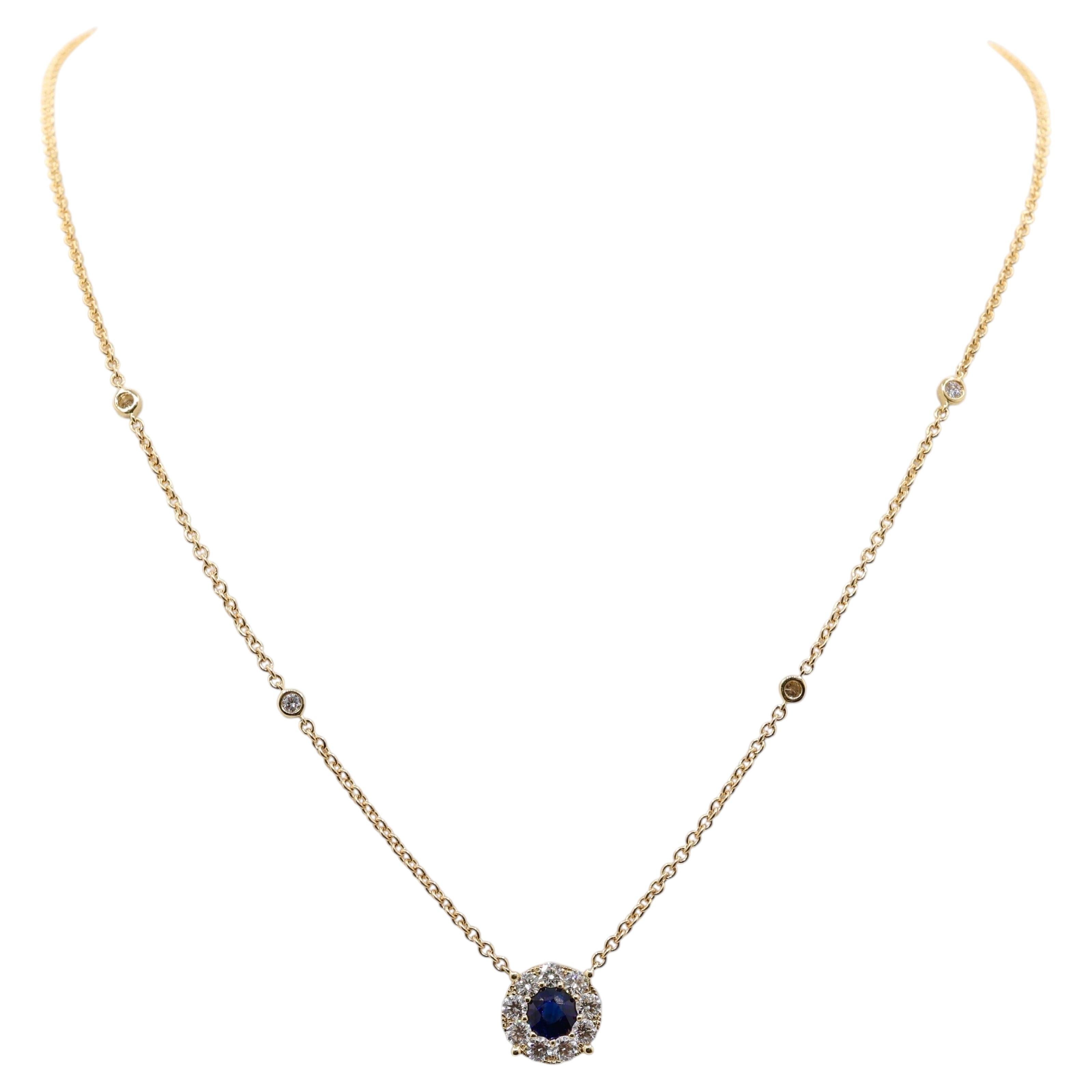 Round Sapphire Diamond Cluster Pendant Necklace 18K Yellow Gold Station Chain