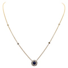 Round Sapphire Diamond Cluster Pendant Necklace 18K Yellow Gold Station Chain