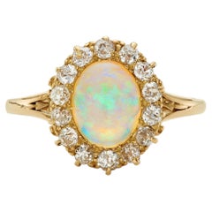 Victorian 0.70ct Opal & Old Mine Cut Diamond 18K Yellow Gold Cluster Ring