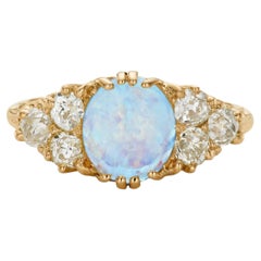 Victorian 0.90ct Opal and 0.90ct Old Mine Cut Diamond 18K Yellow Gold Ring