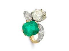 Edwardian 3.95ct Colombian Emerald & 3.15ct Old Mine Cut Diamond Toi et Moi Ring