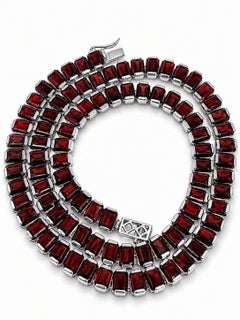 102 Ct Garnet Emerald Cut Necklace 925 Silver Red Garnet Tennis Necklace 18 Inch