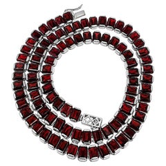 102 Ct Garnet Emerald Cut Necklace 925 Silver Red Garnet Tennis Necklace 18 Inch