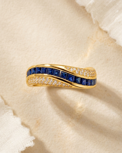 0.90 Ct Blue Sapphire Diamond Wedding Ring Channel Set Wavy Pattern 18K Gold