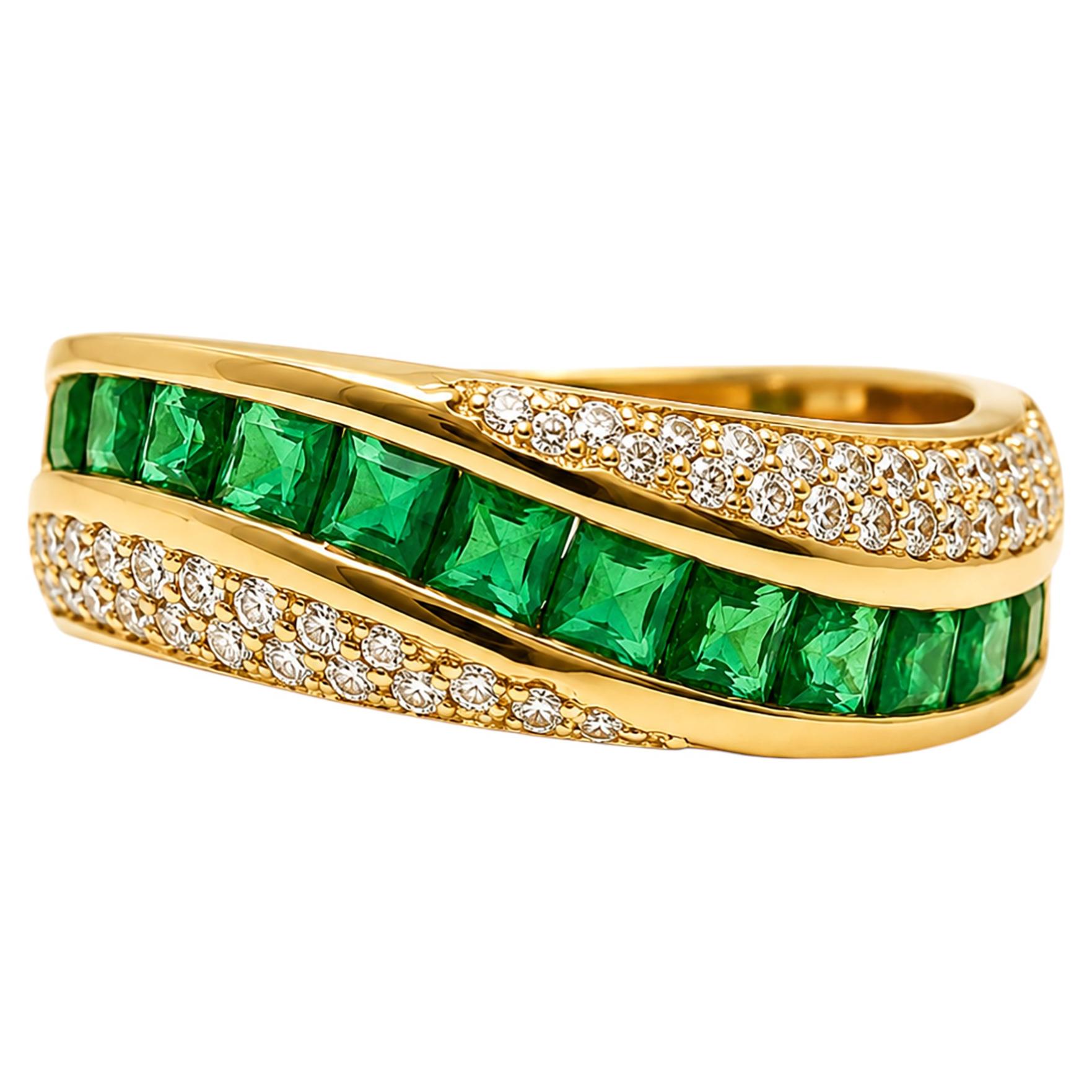 0.70 Ct Emerald Diamond Wedding Ring Channel Set Wavy Pattern 18K Gold Ring