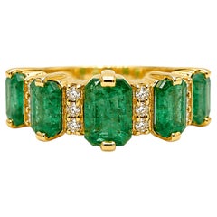 1.90 Ct Natural Zambian Emerald Diamond Wedding Band Five Stone Emerald Ring