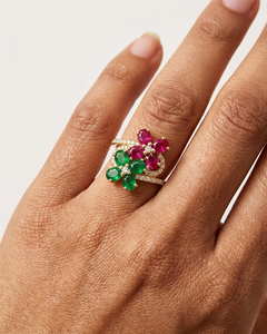 14K Gold Floral Engagement Ring 3.40 Ct Emerald Ruby Diamond Bridal Band