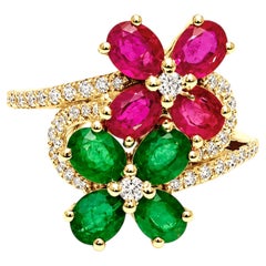 14K Gold Floral Engagement Ring 3.40 Ct Emerald Ruby Diamond Bridal Band