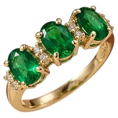 14K Gold Emerald Diamond Three Stone Band 1.60 Ct Zambian Emerald HI VS Diamond