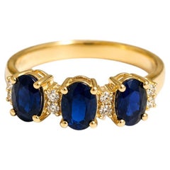 1.80 Ct Sapphire Diamond Three Stone Ring 14K Gold Blue Sapphire AnniversaryRing