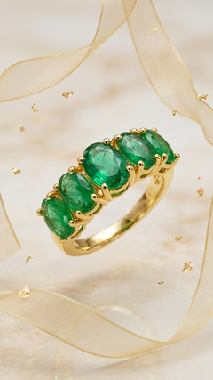 2.90 Ct Emerald Five Stone Wedding Band 14K Gold Zambian Emerald Ring JuhiJewels