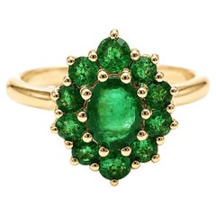 14k Gold Emerald Halo Ring, 1.25 Carat Oval Emerald with Round Emerald Cluster