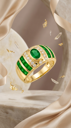 14K Gold Natural Emerald Diamond Engagement Band Wide Designer Emerald Band