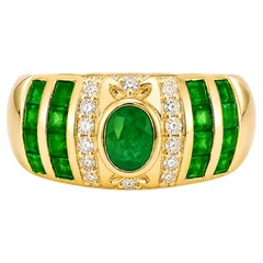 14K Gold Natural Emerald Diamond Engagement Band Wide Designer Emerald Band