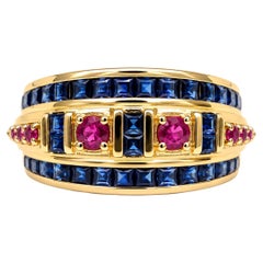 2 Ct Blue Sapphire Ruby Band 0.46 Ct Mozambique Ruby Band 14K Gold Sapphire Band