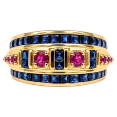 2 Ct Blue Sapphire Ruby Band 0.46 Ct Mozambique Ruby Band 14K Gold Sapphire Band