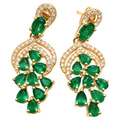 3.10 Ct Zambian Emerald Chandelier Earrings 14K Gold Emerald Diamond Earrings
