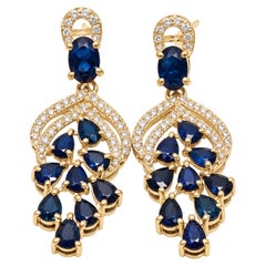 5 Ct Blue Sapphire Chandelier Earrings 14K Gold Sapphire Diamond Drop Earrings