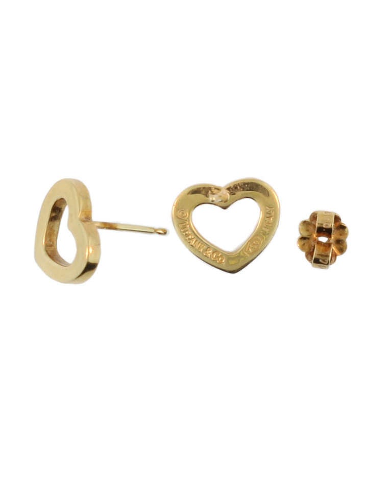 Charming 18 KT yellow gold open heart earrings clearly stamped Tiffany & Co. 750 and Italy. They are in good condition.