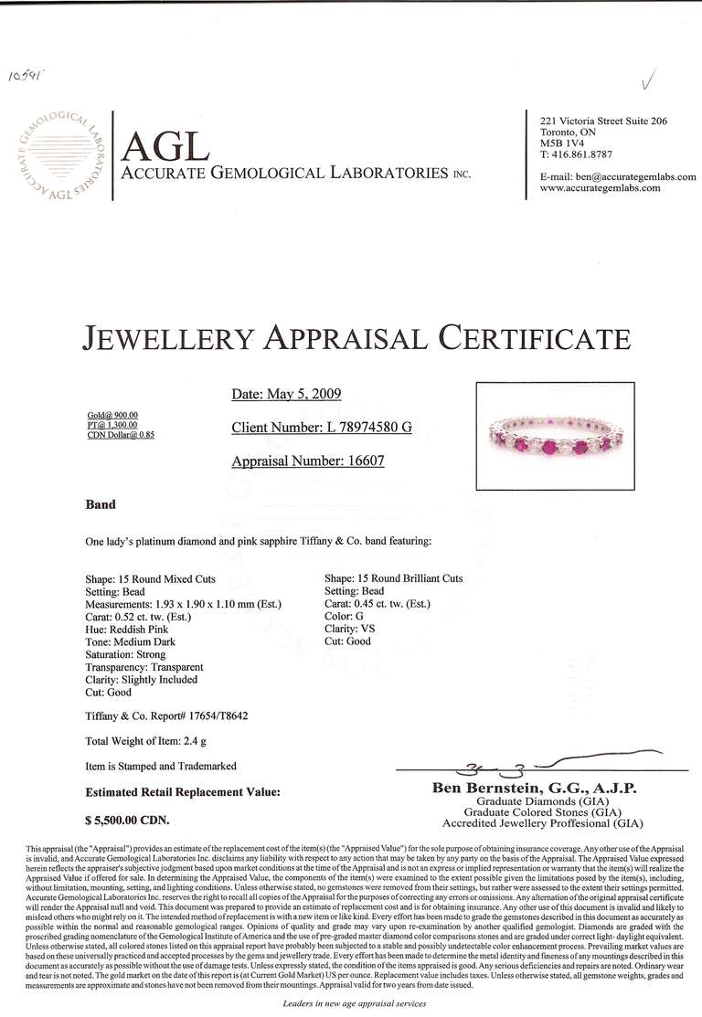 Tiffany & Co. Pink Sapphire Diamond Platinum Eternity Band For Sale 2