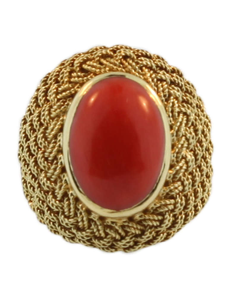 Woven Yellow Gold and Coral Ring