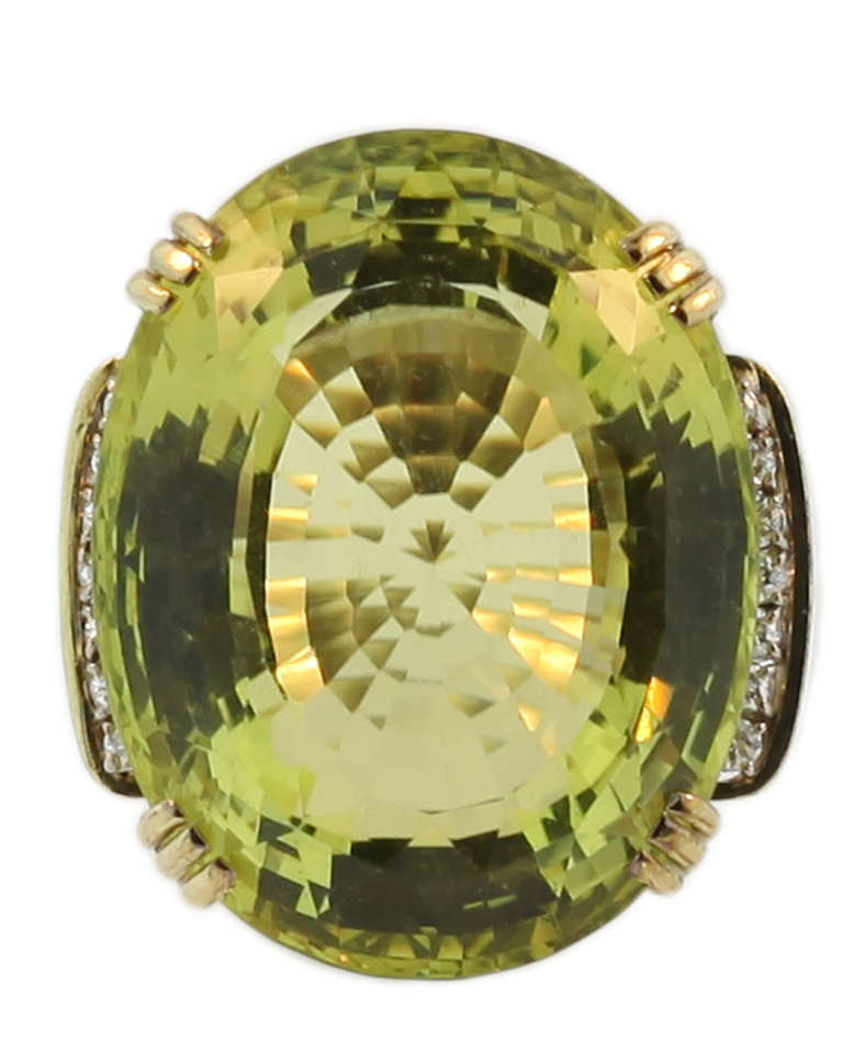 Huge 81 Carat Lemon Quartz Diamond Yellow Gold Ring