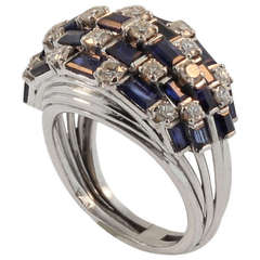 Sapphire Diamond Platinum Checker Board Ring