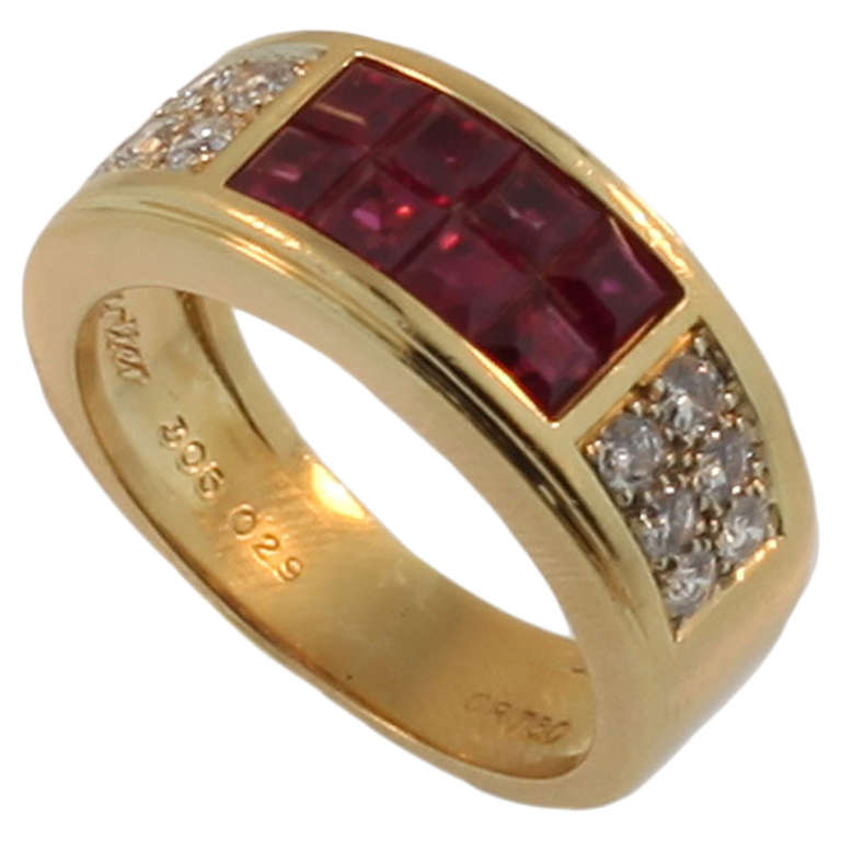Cartier Invisibly Set Ruby Diamond Gold Ring For Sale